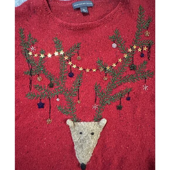 Vintage Northern Isles Women’s XL Red Reindeer Antlers Christmas Sweater 90s - Picture 3 of 7